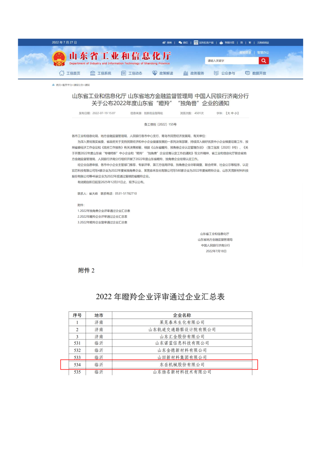 东岳机械荣获山东省2022年“瞪羚”企业称号